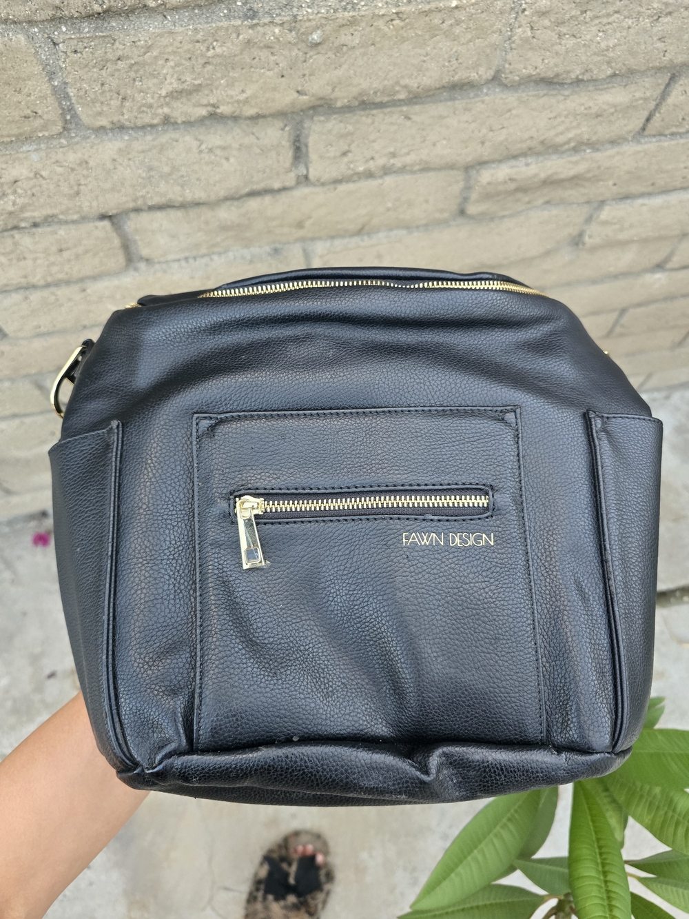 FAWN DESIGN BLACK LEATHER DIAPER BAG.